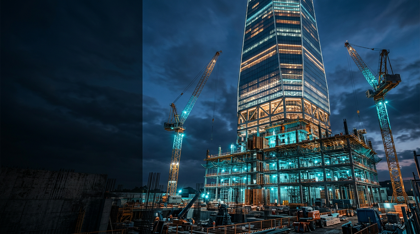Synthetic visualization of a skyscraper being built from the ground up